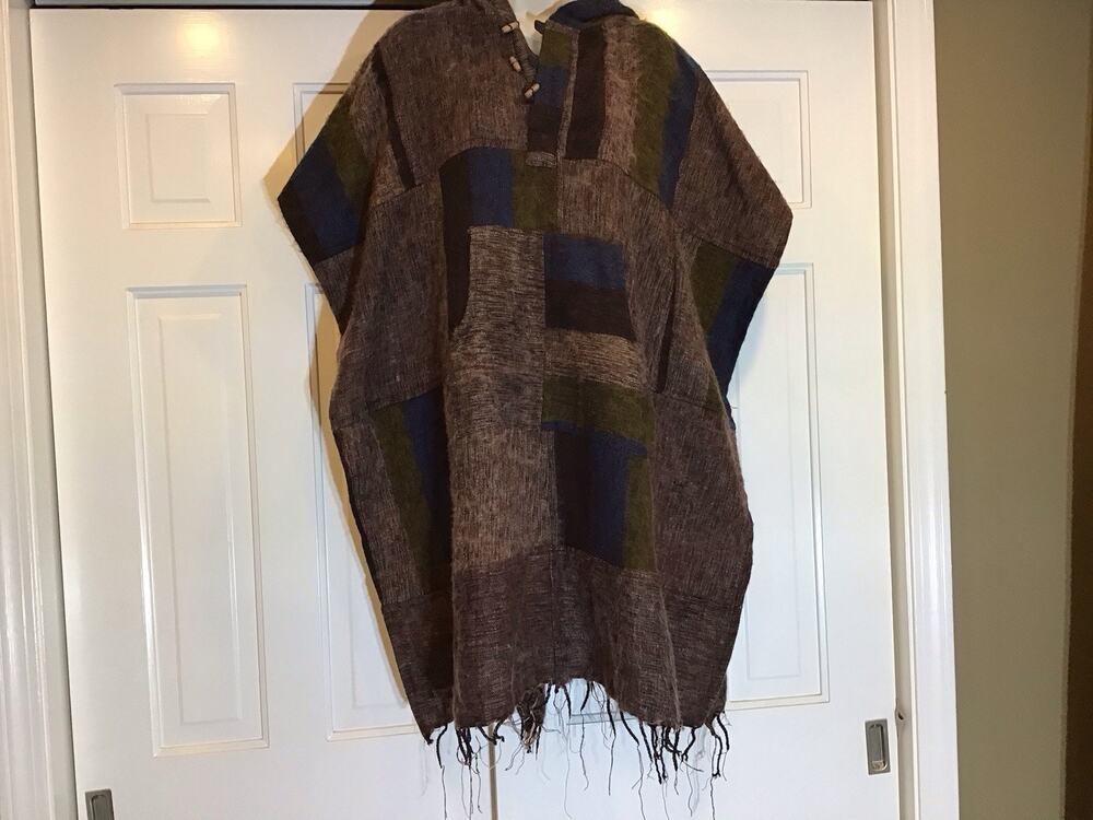 Kathmandu Imports Wool Poncho Blanket Hood Patchwork Granola Indie Festival Boho